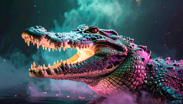 Dramatic Alligator with Open Mouth in a Moody, Colorful Scene