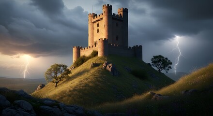 Ancient stone castle on grassy hill under stormy sky with lightning strikes