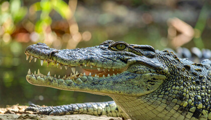 Fototapeta premium Close-up of a crocodile with its mouth open, showcasing its teeth.