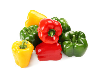 Many fresh colorful bell peppers on white background