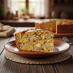 Delicious Cornbread Casserole Slice on Rustic Wooden Table.