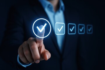 Business Professional Touching Digital Checkmark Interface Representing Success and Achievement Concept