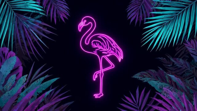 Neon flamingo outline amid lush foliage. Dark background. Tropical theme