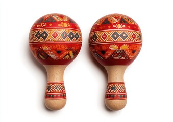 Two colorful maracas, red and orange, decorated with intricate patterns, sit on a plain white background