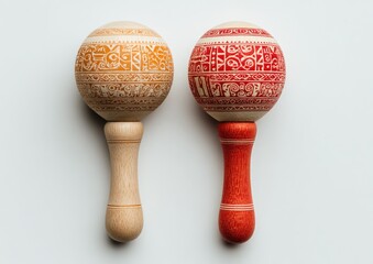 Two wooden maracas, one with a light beige handle and orange/tan design, the other with a red handle and red/tan design, sit on a white background.  Both feature intricate, repeating patterns