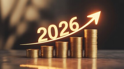 Golden 2026 year with arrow and coins showing financial growth