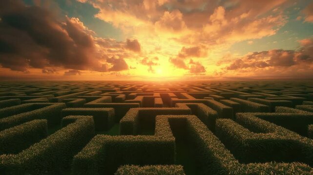 Complex green maze bathed in golden sunset light, symbolizing challenges, solutions, and the journey to success