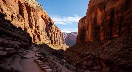 Obraz premium Sunlit canyon trail winds through towering sandstone cliffs under a blue sky with clouds