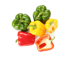 Many fresh colorful bell peppers on white background