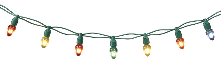 A strand of colorful christmas lights with a green wire strung across a dark background isolated on transparent background