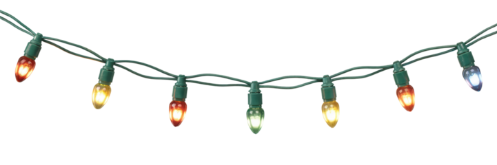 A strand of colorful christmas lights with a green wire strung across a dark background isolated on transparent background