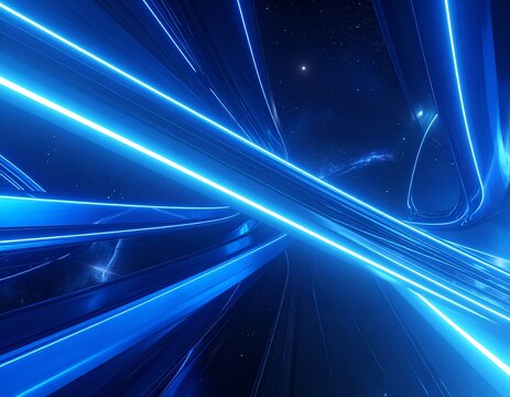 Abstract blue glowing light trails against a starry, dark, cosmic background