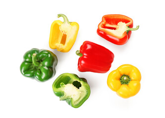 Many fresh colorful bell peppers on white background
