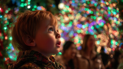 A cute little child in a warm sweater and pajamas decorates the Christmas tree in the living room. Merry Christmas and a Happy New Year! Warm and cozy holiday winter evening.