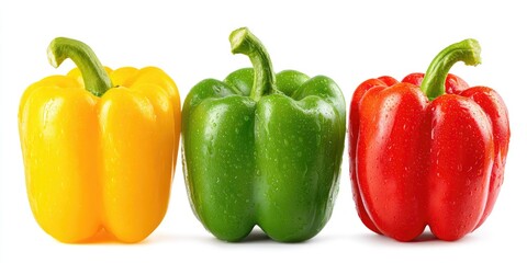 Three fresh bell peppers in yellow, green, and red, arranged in a horizontal row against a white background