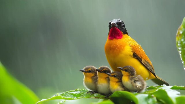 Troupial protects its chicks from the rain while perched on a branch