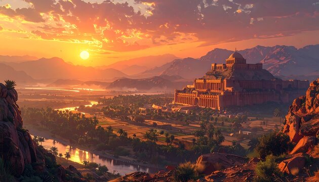 A majestic fortress bathed in golden light at dawn, nestled amidst rolling hills and a serene river, under a vibrant, fiery sky