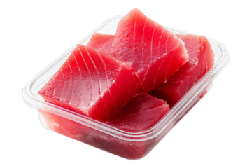 Fresh raw tuna cubes Micronesian sashimi isolated on white transparent background, representing seafood freshness.