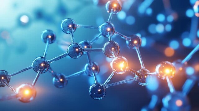 Blue molecular structure with glowing particles representing science technology chemistry and innovation