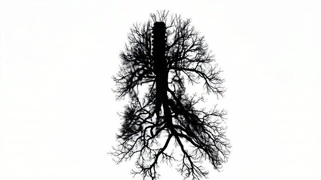 Black tree branches forming shape of human lungs on white background symbol of nature health and breathing