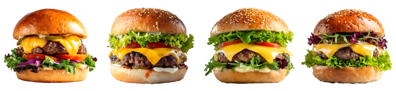 Delicious Cheeseburgers Isolated on Transparent PNG Background, White Background, Cut Out