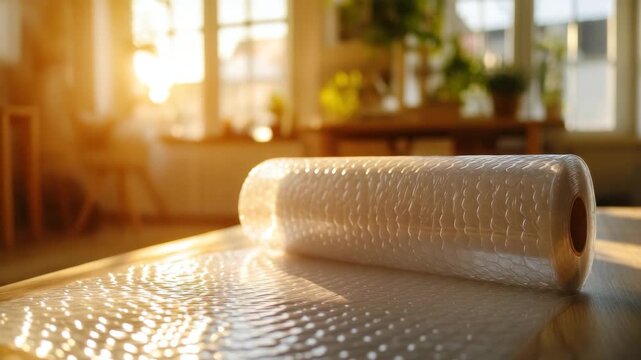 Bubble wrap roll resting on table in sunlit room during apartment move