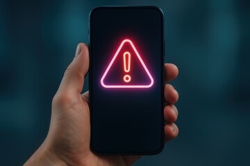 Hand Holding Smartphone with Warning Notification Symbol in Neon Style on Blurred Background