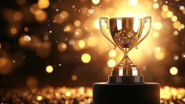 Golden trophy standing on glitter surface with bright bokeh lights symbol of victory success and achievement