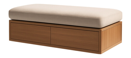 Cushioned bench with storage for displaying handmade textiles in an apartment showroom.