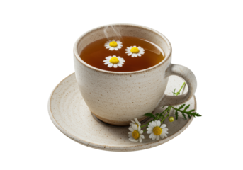 Rustic speckled ceramic cup, matching saucer, warm golden-amber chamomile tea with floating flowers and fresh sprig, faint steam, on transparent background, tranquil natural wellness concept