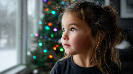 A cute little child in a warm sweater and pajamas decorates the Christmas tree in the living room. Merry Christmas and a Happy New Year! Warm and cozy holiday winter evening.