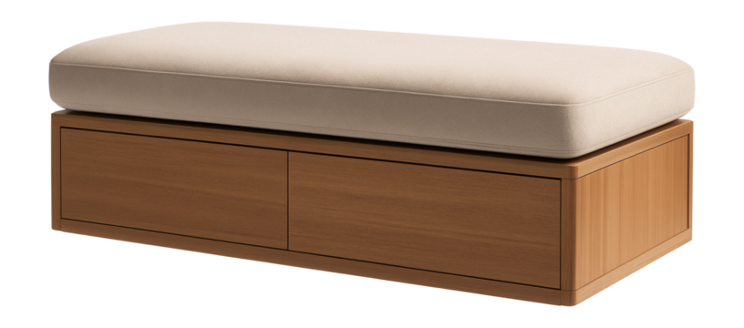 Cushioned bench with storage for displaying handmade textiles in an apartment showroom.