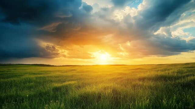 Scenic view of a vibrant green field bathed in the warm glow of a setting sun, beneath a dramatic sky filled with clouds
