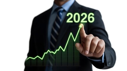 Businessman pointing at 2026 growth chart isolated on white background