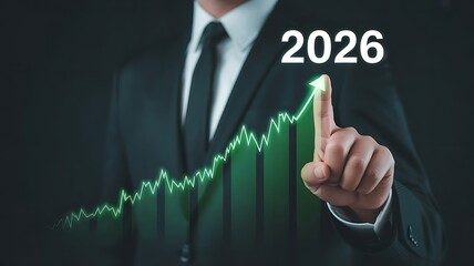 Businessman pointing at 2026 growth chart, symbolizing future success