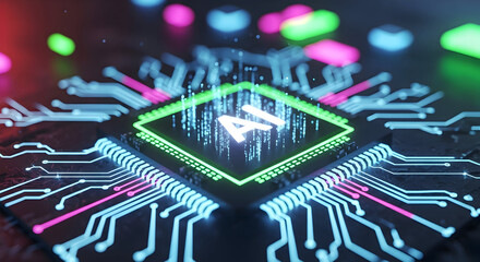 Futuristic artificial intelligence chip with glowing circuit board and ai text for modern technology