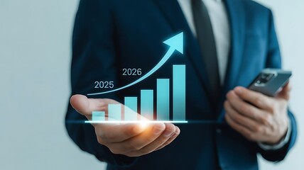 Businessman holding phone showing business growth chart from 2025 to 2026