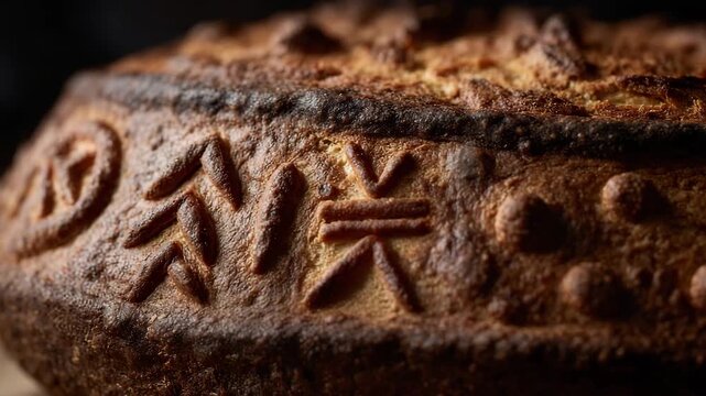 This image showcases a close-up view of artisan bread, featuring intricate patterns and textures that highlight its rustic charm and craftsmanship.