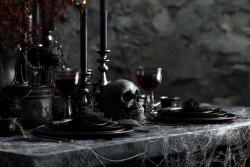 Obraz premium dark gothic table setting with black candles, skull decor, spiderweb cloth, and blood-red wine glasses, spooky elegant vibe, no text.