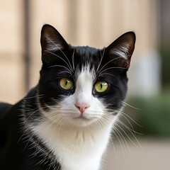 Portrait of a striking black and white cat with piercing green eyes.