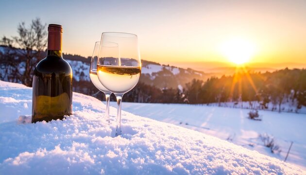 A bottle and two glasses of white liquid rest in snow, framed by a winter landscape at golden hour as the sun sets