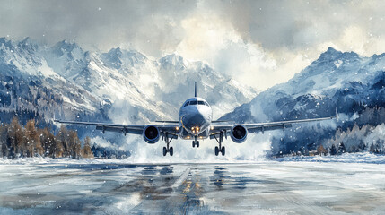 Airplane landing on snowy runway with majestic mountains in background; cinematic aviation scene symbolizing winter travel and global journey.