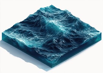 Obraz premium Isometric square block, displaying a section of turbulent ocean water. Deep blues and turquoise highlight waves cresting and receding, with a transparent, cubic block base