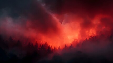 Dramatic sky ablaze with red and orange smoke over a dark forest silhouette