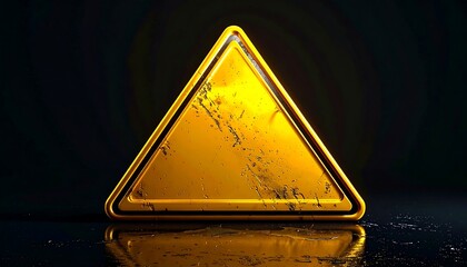 A yellow warning triangle symbol on a reflective surface, symbolizing danger or caution