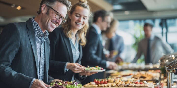 Business people networking and enjoying corporate buffet lunch