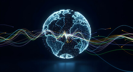 Digital earth globe with glowing network connections and data streams, representing global technology