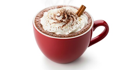 A red mug of hot chocolate topped with a swirl of whipped cream, a sprinkle of cocoa powder, and a cinnamon stick.