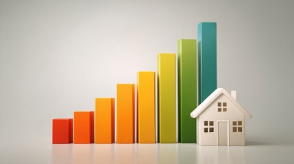 Bar chart rising behind a house icon, representing real estate growth and property value increase, clean 3D style.
