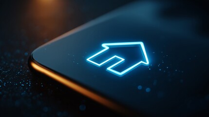 Digital home icon glowing on smartphone screen, representing mobile banking and online home financing, futuristic design.